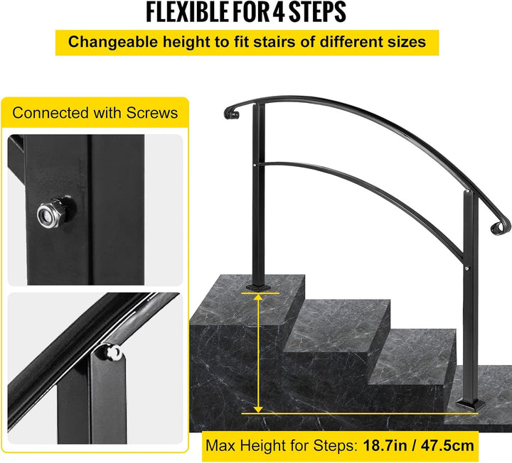 Happybuy 4-stufiger verstellbarer Handlauf passt 1 oder 4 Stufen Mattschwarze Treppenschiene schmied