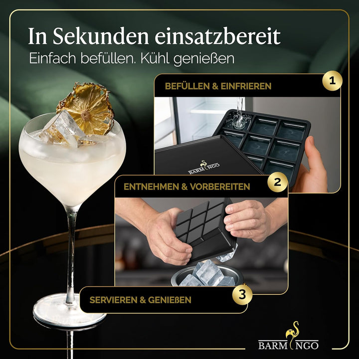 BARMINGO Edelstahl Eiswürfelbehälter mit Deckel - 2l Eisbehälter mit Sieb, Eiswürfelform, Zange | Ei