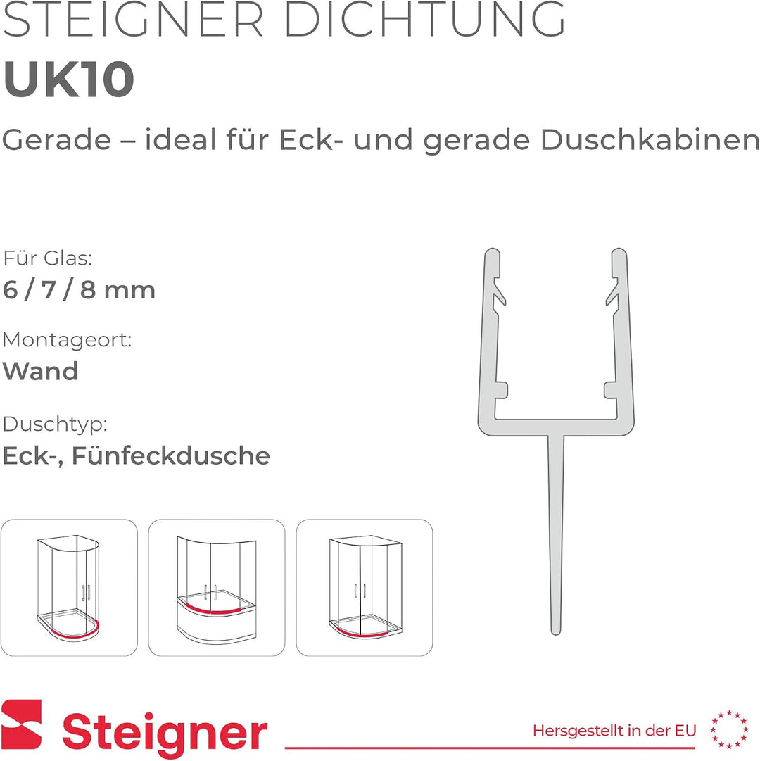 STEIGNER Duschdichtung, 140cm, Glasstärke 6/7/ 8 mm, Gerade PVC Ersatzdichtung für Dusche, UK10 Gera