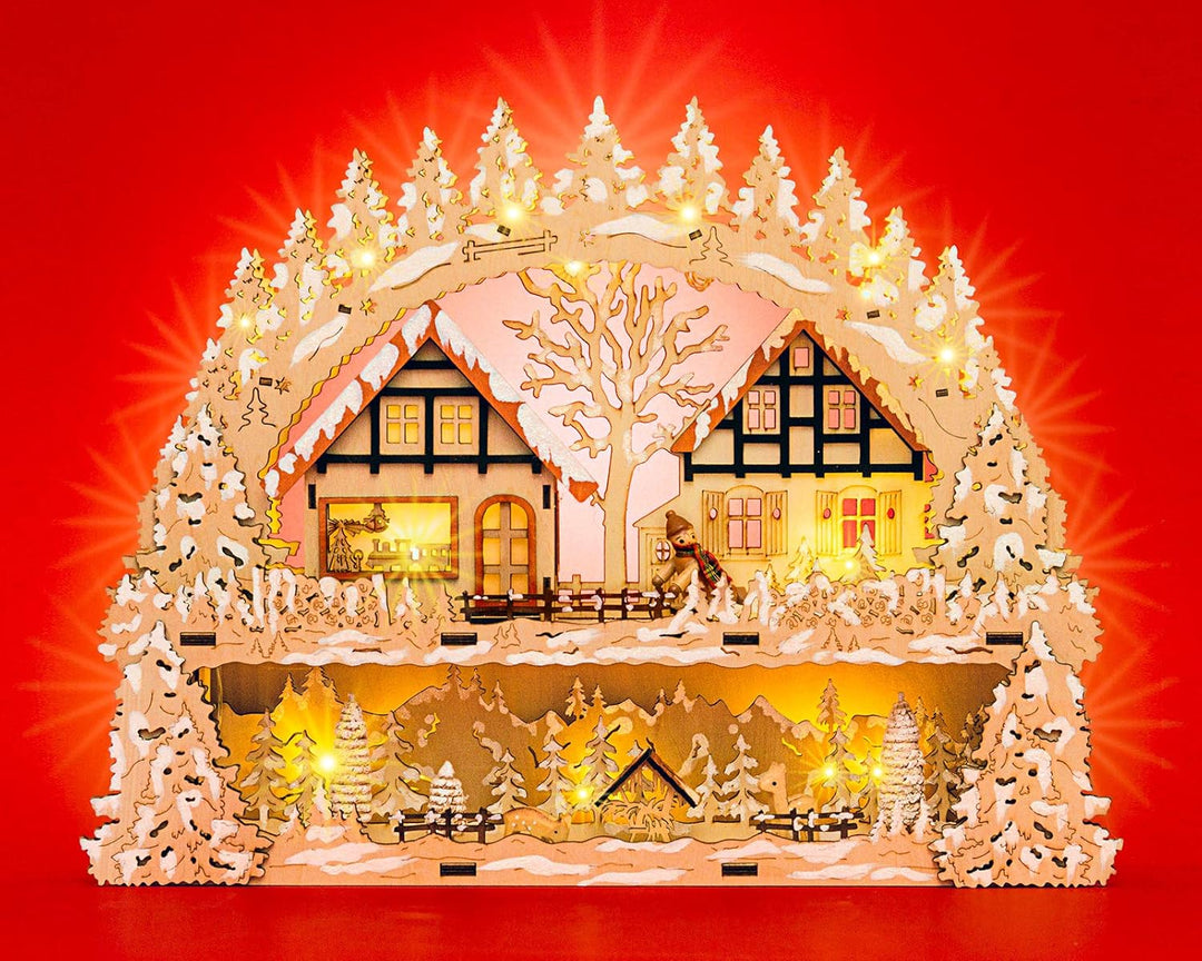 SIKORA LB65 Holz Schwibbogen beleuchteter LED Lichterbogen Motiv Winterdorf Waldszene Deko Weihnacht