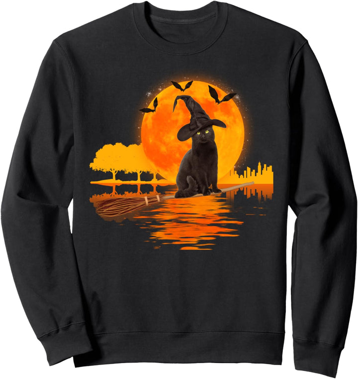 Vintage Scary Cat Hexenhut Reiten Besen und Mond Halloween Sweatshirt