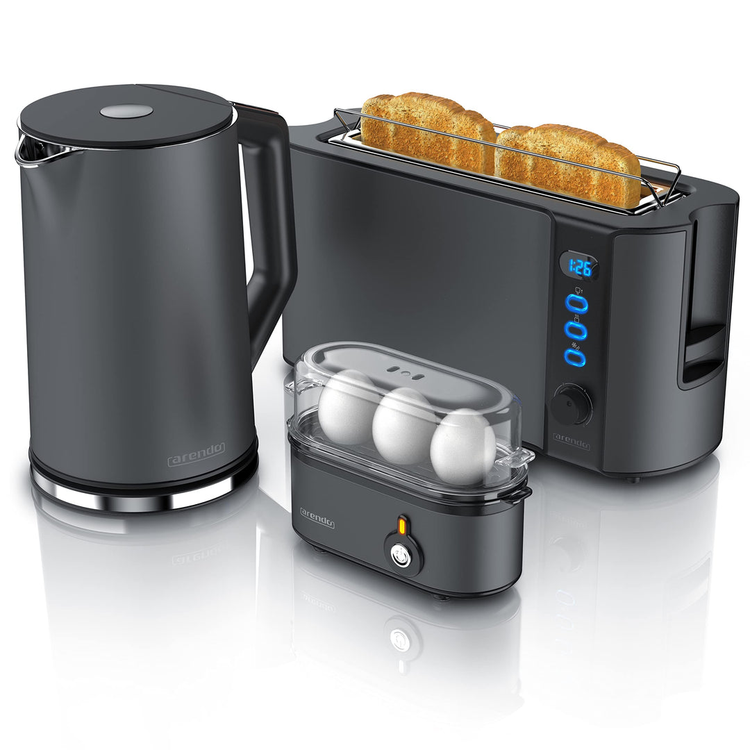 Arendo - Wasserkocher und Toaster und Eierkocher im SET Edelstahl Cool Grey, Wasserkocher 1,5L 40° -