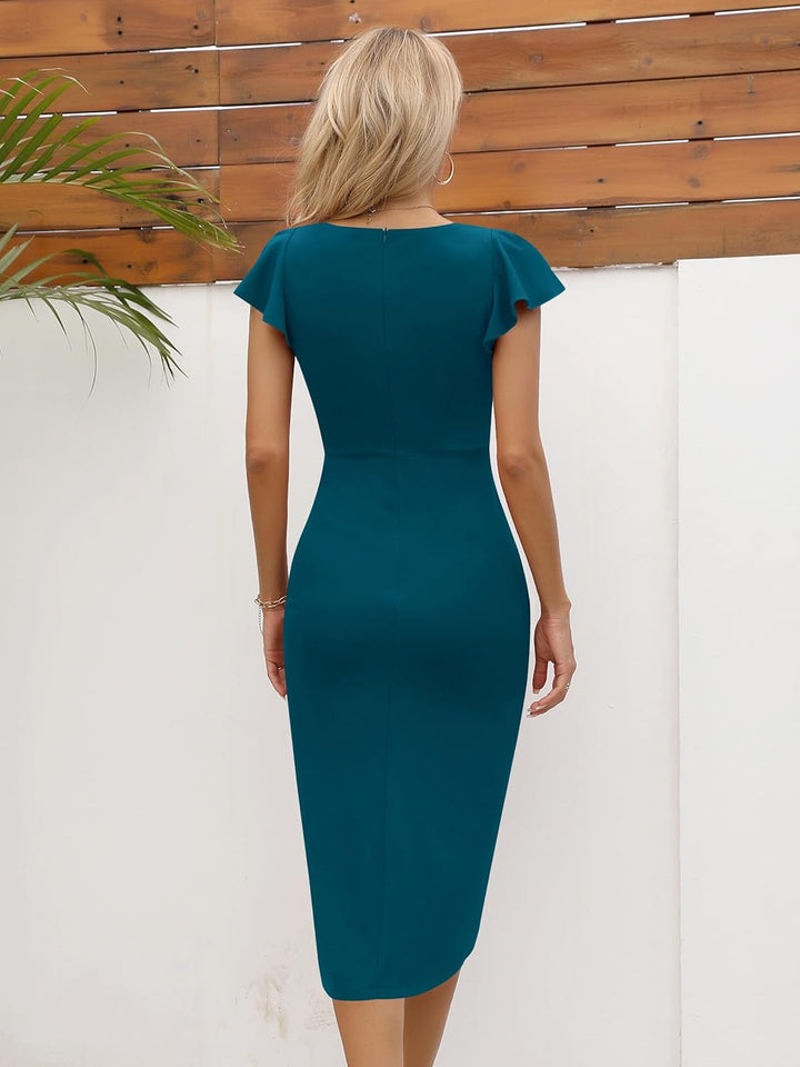 Missufe Damen Cocktailkleid Wickelkleid Partykleid Midikleid Sommerkleid Elegant Bodycon Vintage Rüs