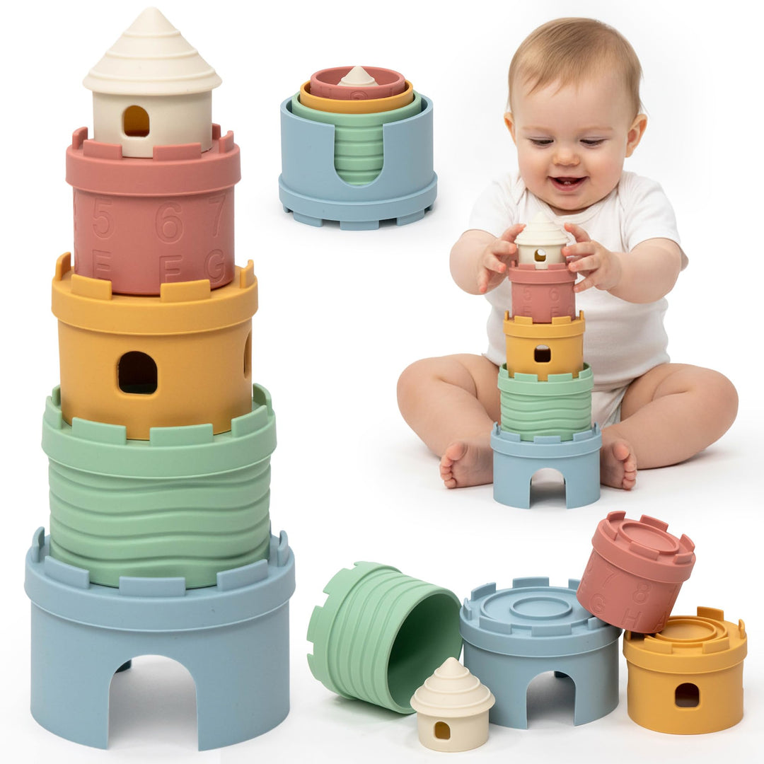 Stapelbecher Baby Silikon Montessori Spielzeug 3 in 1 – Stapelturm, Beissring &amp; Badespielzeug | Sens
