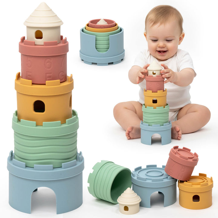 Stapelbecher Baby Silikon Montessori Spielzeug 3 in 1 – Stapelturm, Beissring &amp; Badespielzeug | Sens