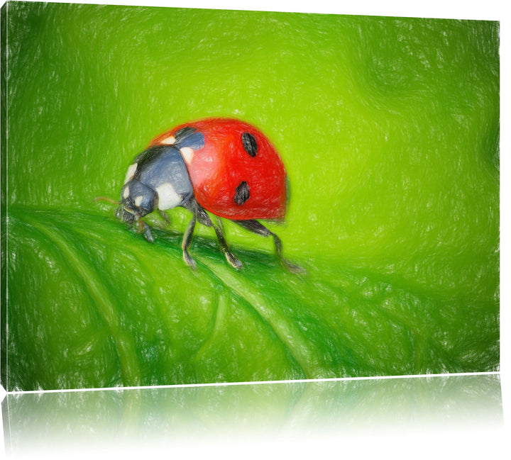 Pixxprint Marienkäfer auf Blatt als Leinwandbild/Grösse: 100x70 / Wandbild/Kunstdruck/fertig bespann