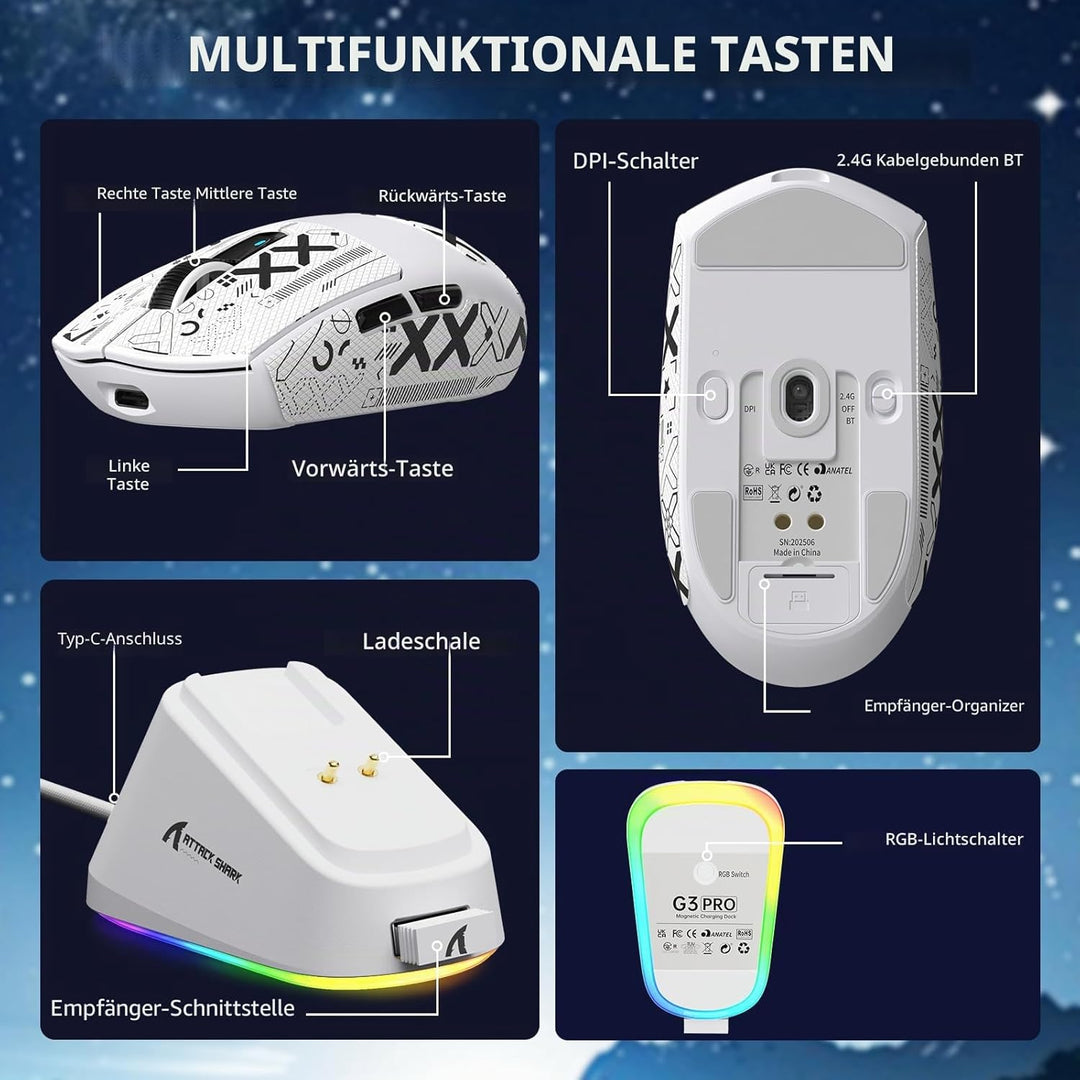 ATTACK SHARK G3PRO Kabellose Gaming-Maus mit Magnetischer Ladestation, PixArt PAW3311-Sensor, Bis zu