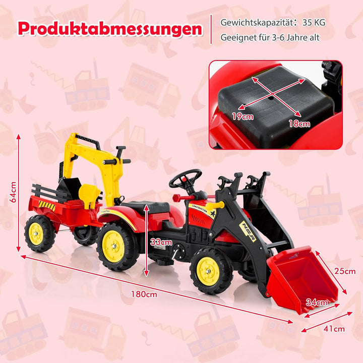 COSTWAY Trettraktor, Kinder Traktor mit Abnehmbarer Anhänger &amp; Grabschaufel, Kindertraktor bis 35 kg