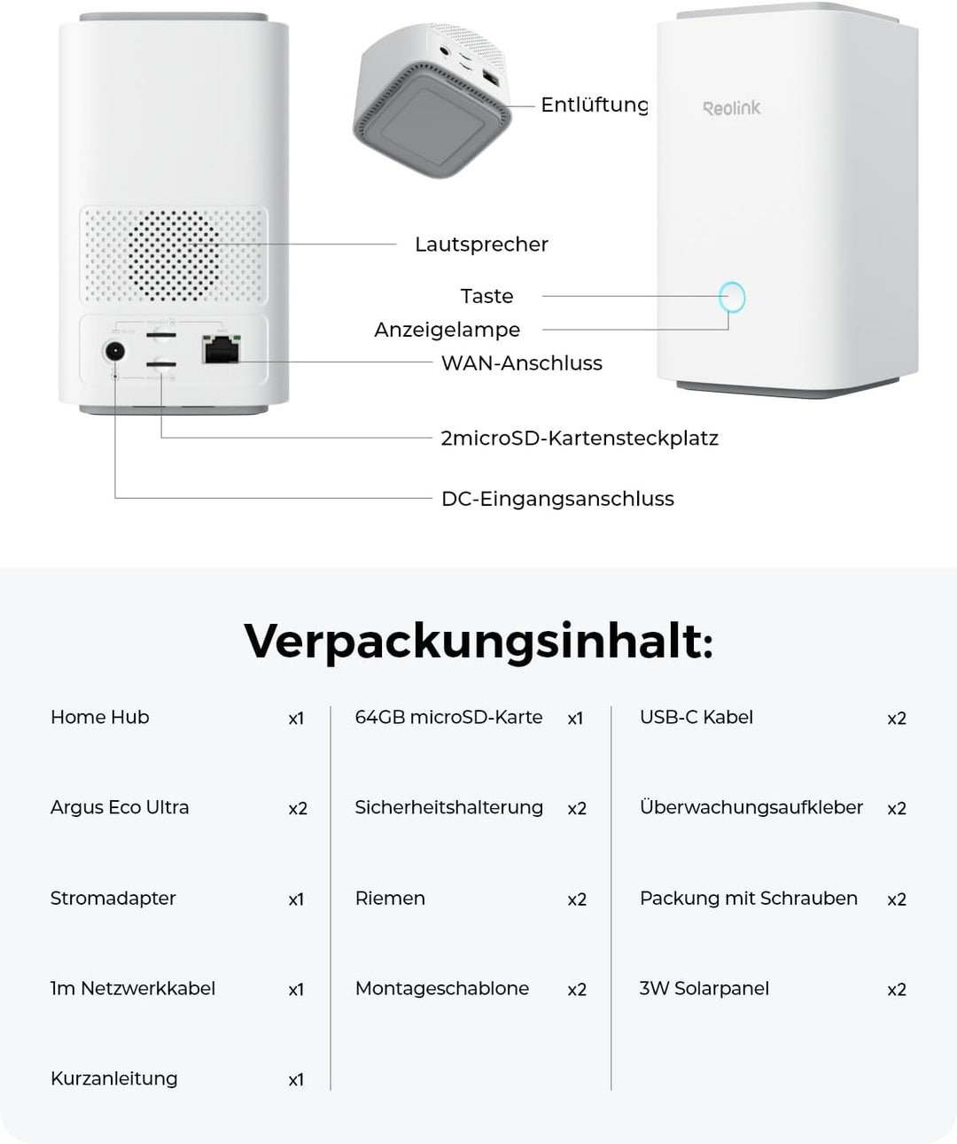 Reolink 4K Solar Überwachungskamera Set Aussen Akku mit Home Hub, Farbnachtsicht, 2.4/5GHz WLAN, Zen