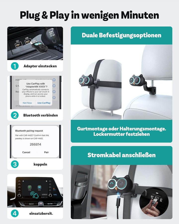 OTTOCAST Cabin Care 2026, 2-in-1 Wireless CarPlay Adapter & Baby Auto Kamera, 1080P HD Rücksitzüberw