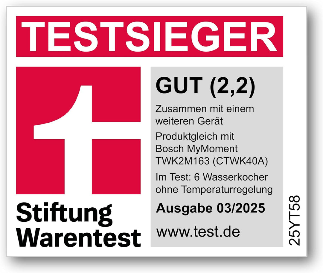 Bosch kabelloser Wasserkocher MyMoment TWK2M161, Abschaltautomatik, Überhitzungsschutz, Tassenanzeig