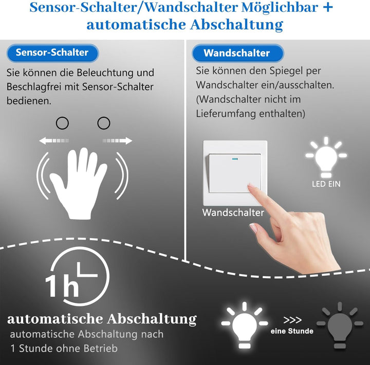 Badspiegel mit Sensor Schalter 120×70 cm Kalt/Neutral/Warmweiss, Beschlagfrei,dimmbar, Memory, eine