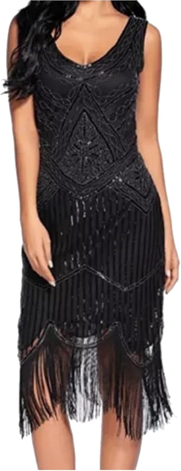 MIMIKRY 20er Jahre Charleston Pailletten Kleid Schwarz mit Fransen Flapper Damen-Kostüm L Schwarz/Sc