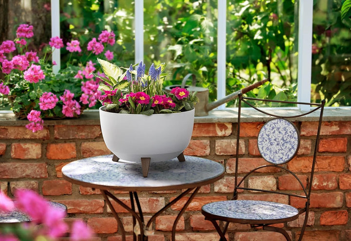 MELTOM Blumentopf mit Füssen aus Kunststoff Schale Rund mit Einsatz Kräutertopf (Weiss, M+ 33 cm) We
