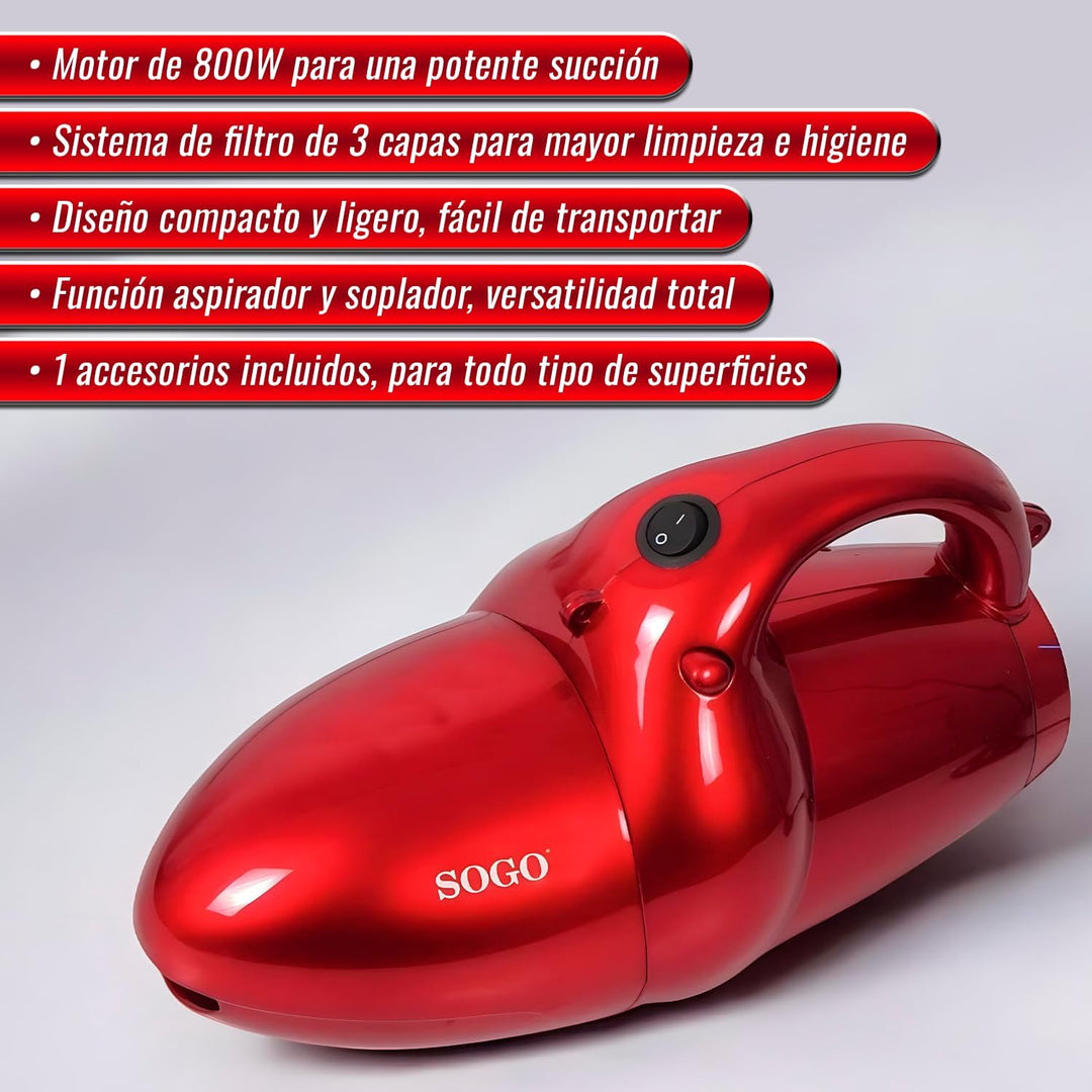 SOGO Handstaubsauger - 4 Lagen Filter, 4 Meter-Kabel, Superleicht, Rot, 11 Zubehör, Blasfunktion, Tu