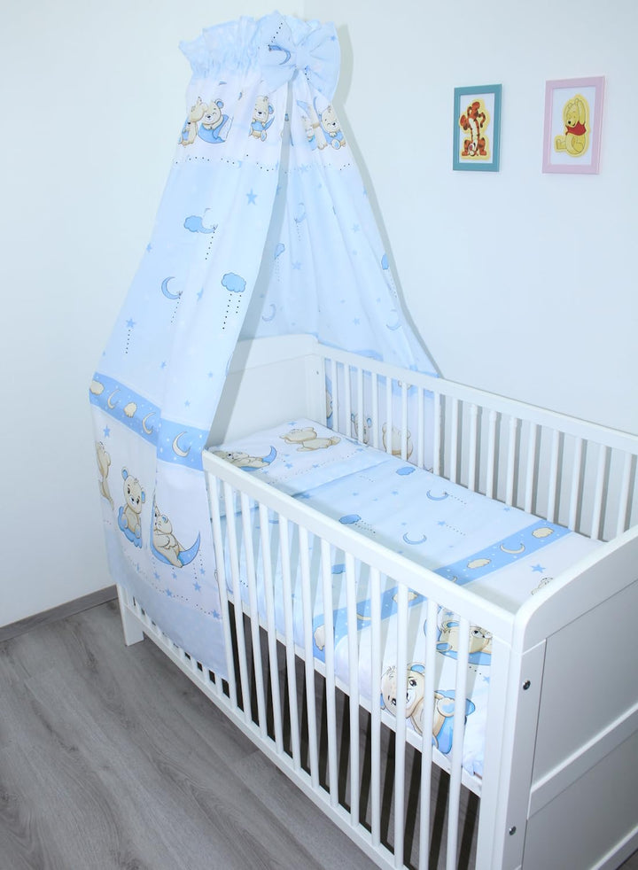 Baby Bettset Bettwäsche mit Himmel Vollstoff - Bärchen Blau - Bettausstattung Set (5 teilig), 5 teil