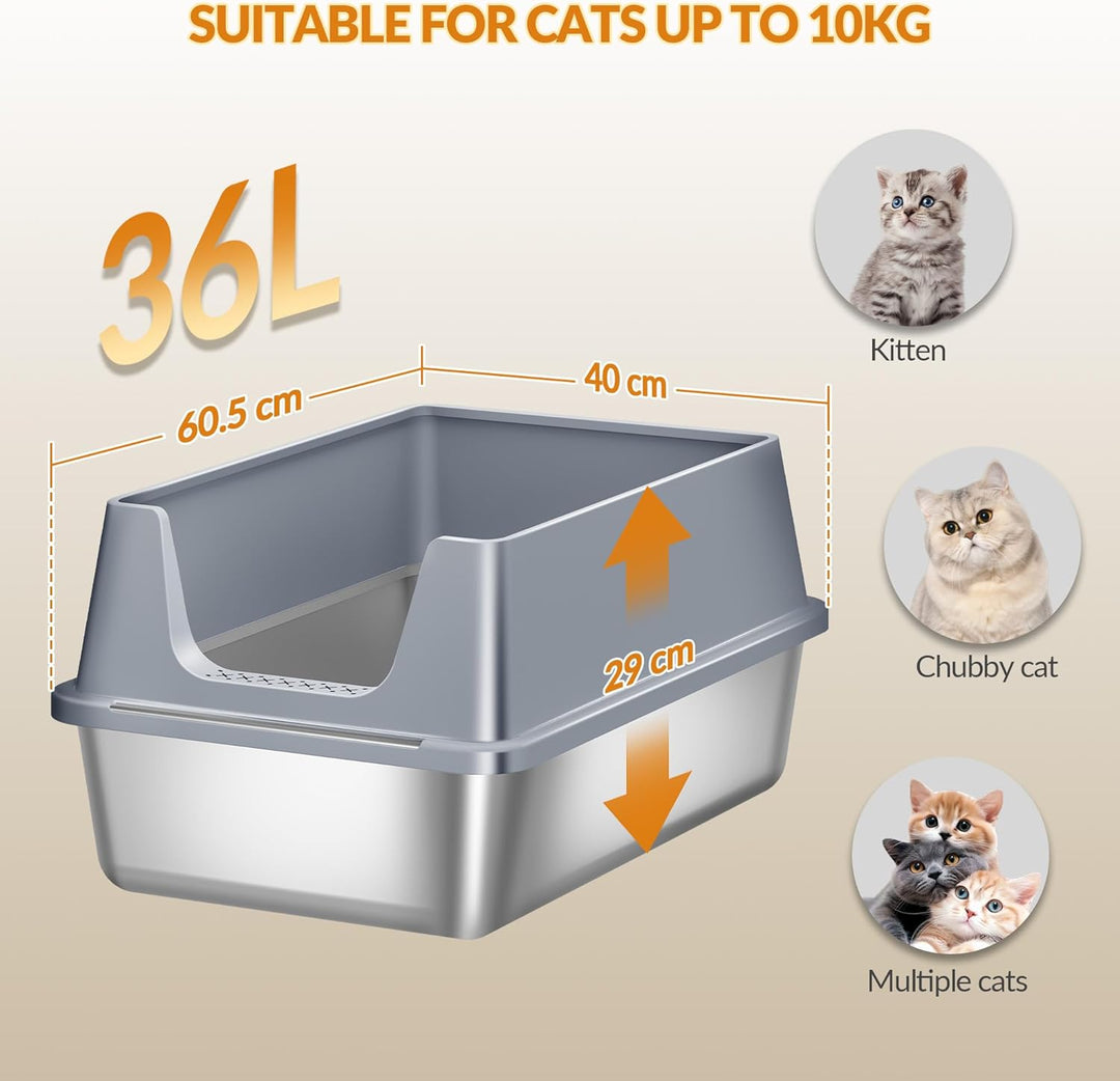 Katzenklo Edelstahl, XXL Metall Katzentoilette Gross, Katzenklo Edelstahl mit Hoher Rand, mit Schauf
