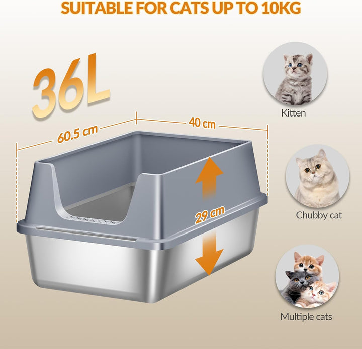Katzenklo Edelstahl, XXL Metall Katzentoilette Gross, Katzenklo Edelstahl mit Hoher Rand, mit Schauf