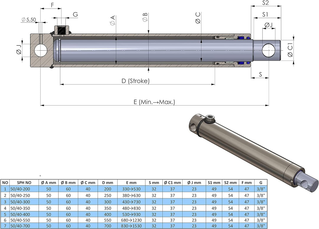 Hydraulik-Zylinder einfachwirkend mit Querbohrung (Ø 40, Hub mm : 400) Ø 40 Hub mm : 400, Ø 40 Hub m