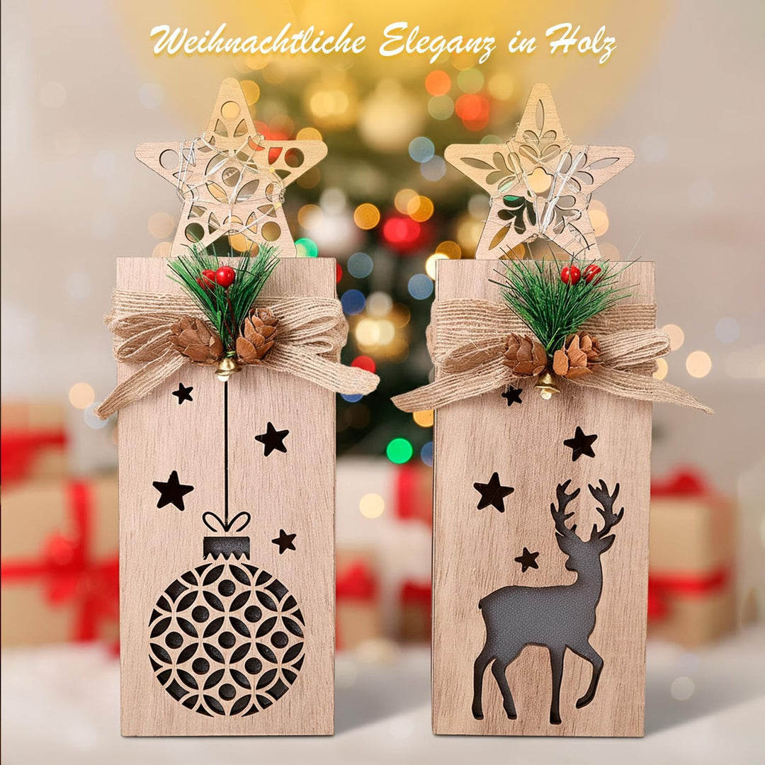 Holz Weihnachtsdeko mit LED Licht I 2er Set beleuchtete Holzdeko Weihnachten mit Elch &amp; Stern I Weih