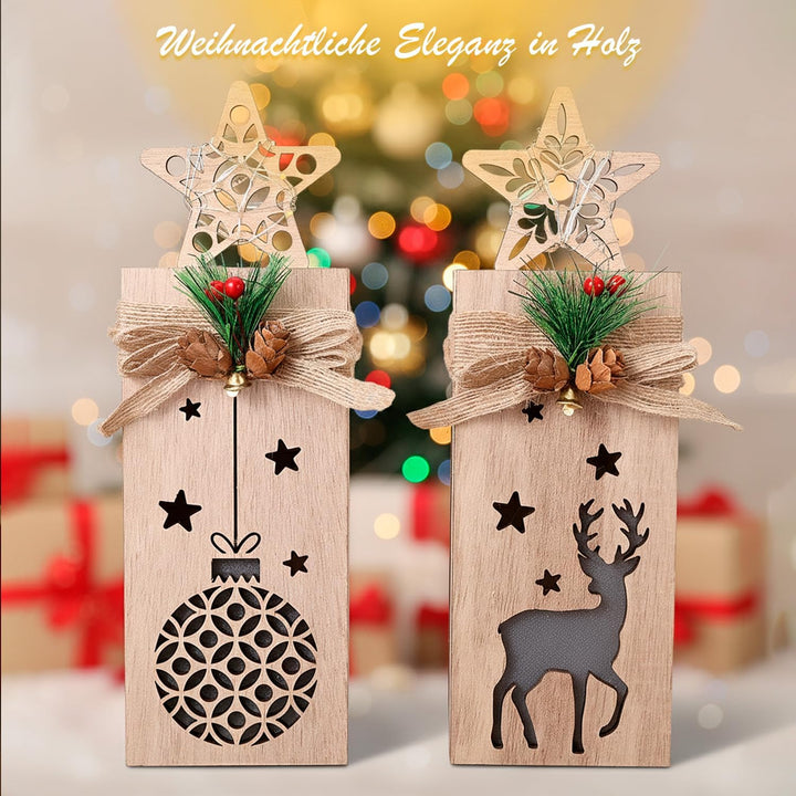 Holz Weihnachtsdeko mit LED Licht I 2er Set beleuchtete Holzdeko Weihnachten mit Elch &amp; Stern I Weih