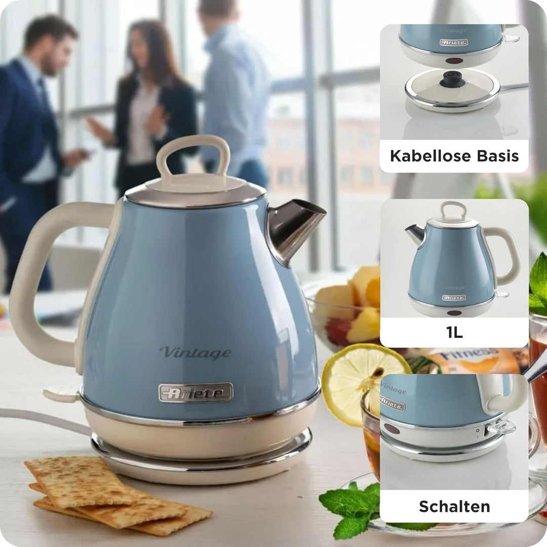 Ariete Vintage Wasserkocher 2868, Retro Elektrischer Wasserkocher mit Kabellosem 360°-Sockel, Abscha