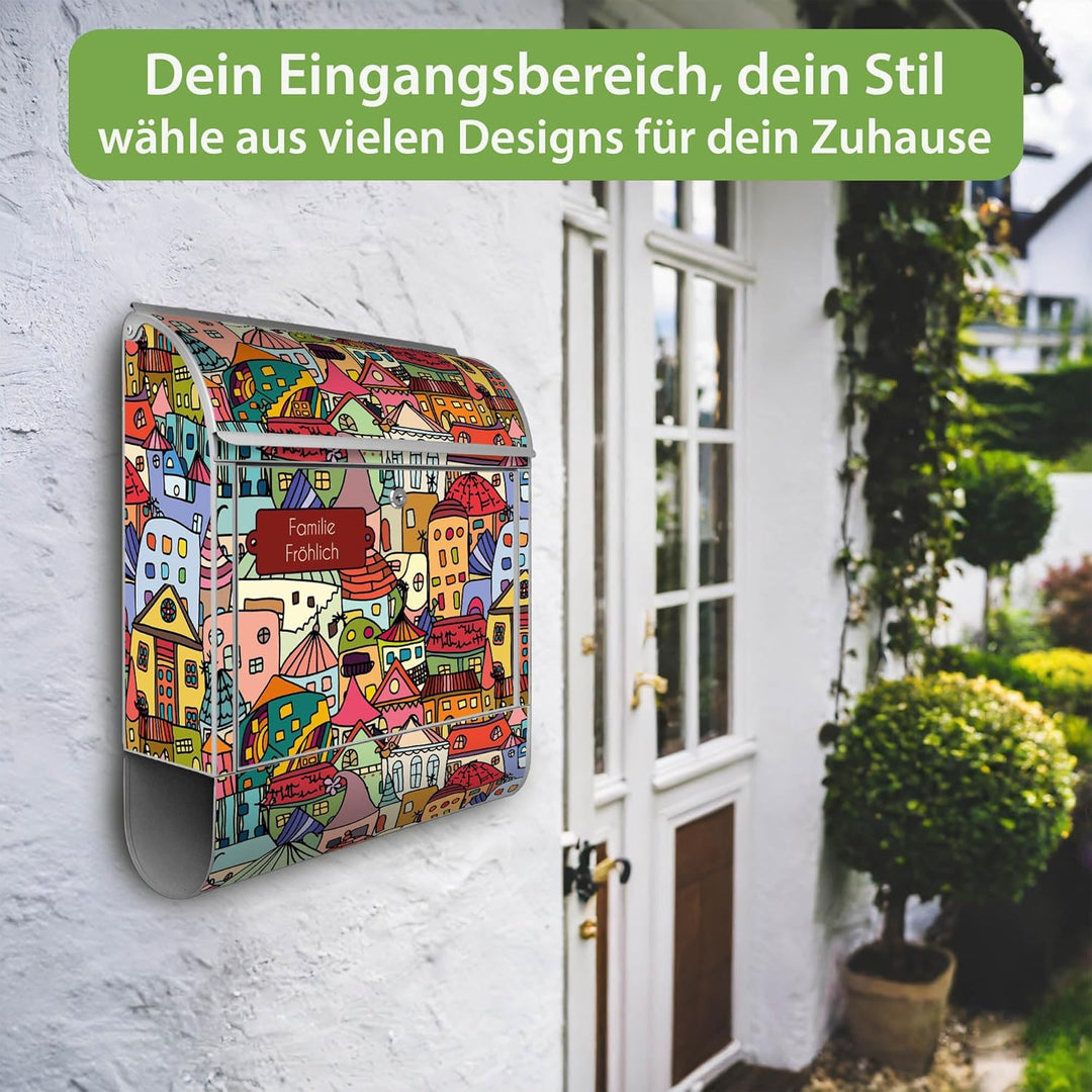 banjado Design Briefkasten personalisiert 38,5x46,5x13cm &amp; 2 Schlüssel - Briefkasten Stahl Silber Ze