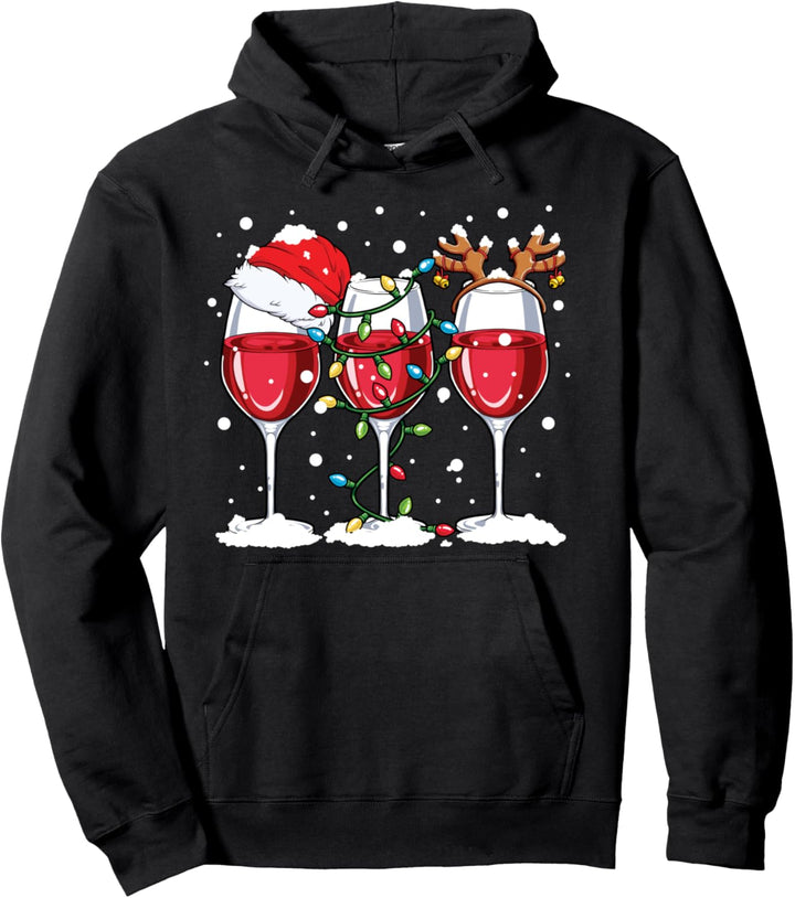 Wine Christmas Lights Xmas Women Santa Hat Reindeer Antlers Pullover Hoodie