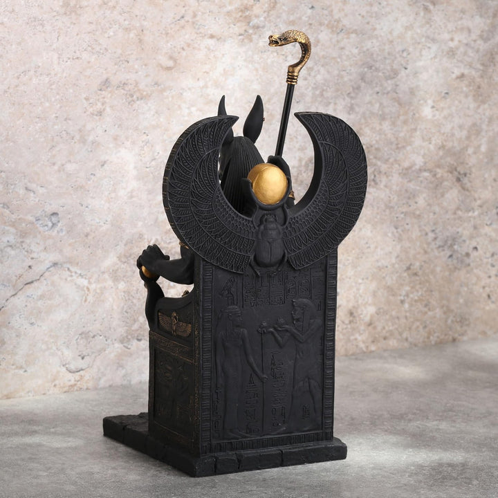 Veronese Design Skulptur Ägyptischer Gott Anubis sitzt auf Thron, Kunstharz, Schwarz / Gold lackiert
