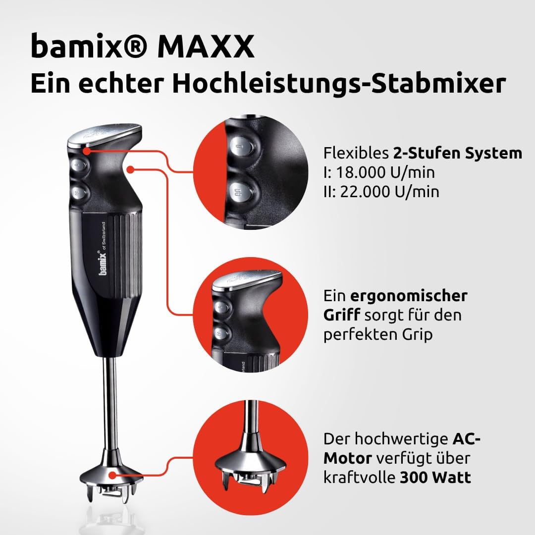 bamix Stabmixer Set M350 MAXX inkl. Ständer, 2 Becher, 4 Aufsteckteile, Processor, Spachtel, Reinigu