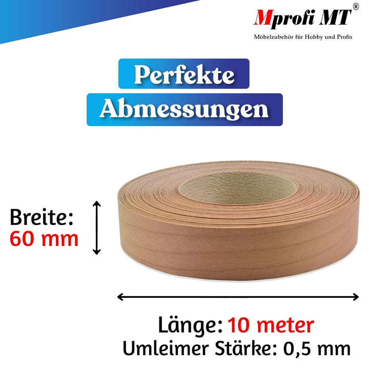 Mprofi MT® 10m Rolle-Kantenumleimer-Echtholz Furnier Umleimer mit Schmelzkleber-Bügelkante für Regal