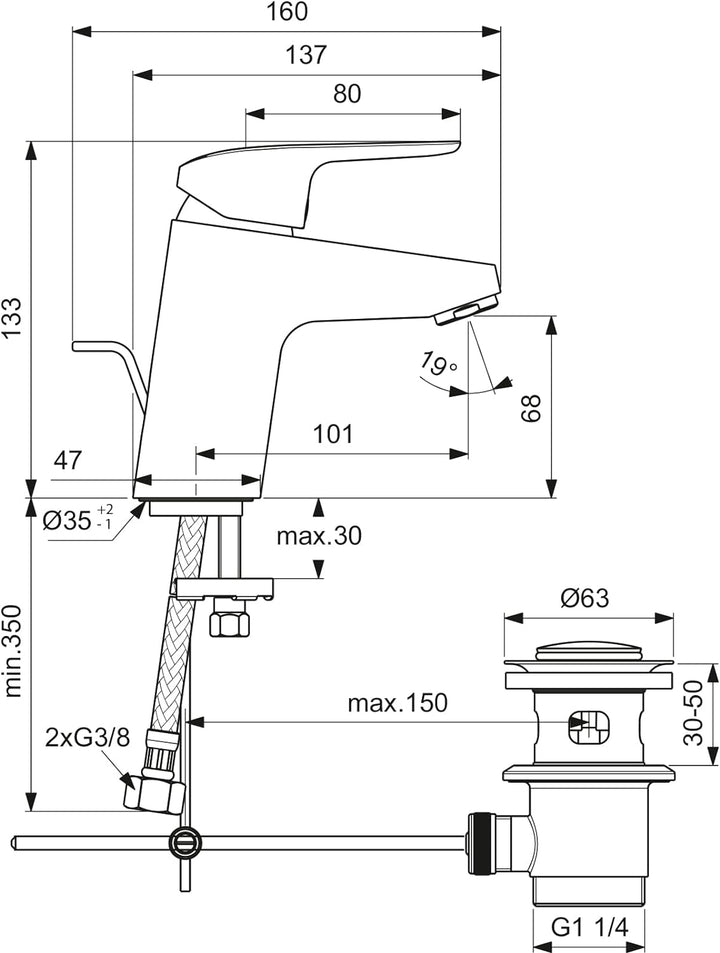 Ideal Standard B1708AA Ceraflex Waschtischarmatur mit Zugknopf-Ablaufgarnitur 5 l/min., mit Metallab