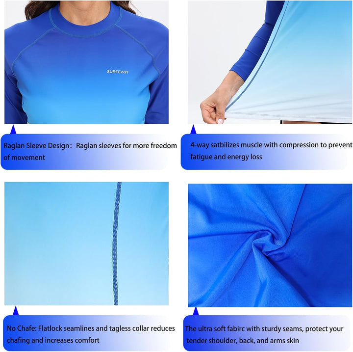 SURFEASY Damen Rash Guard Langarm Sonnenschutz Schnelltrocknend Badeshirt Surf Shirt Schwimmen Badem