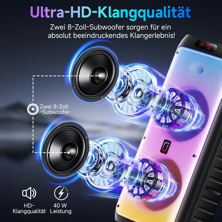 JYX Karaoke Maschine mit 2 Mikrofonen, LED Licht – Bluetooth 5.3, TF/USB/AUX/TWS/LIVE, Karaoke Box &