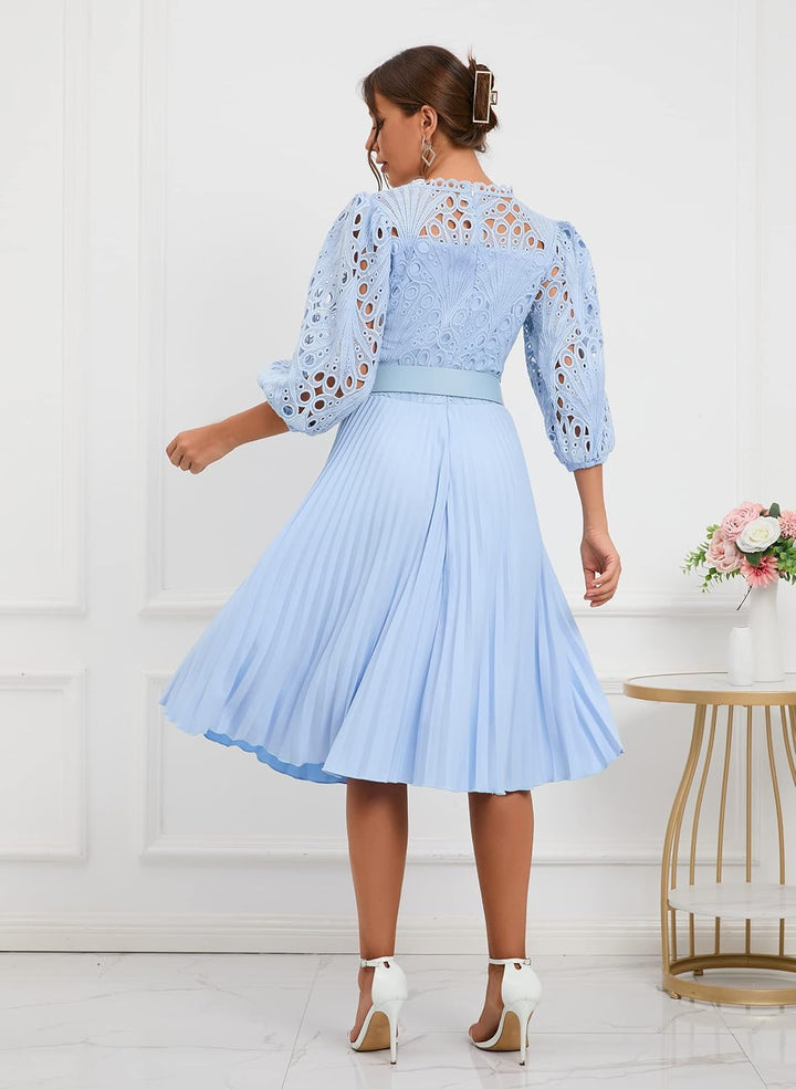 IWFEV Spitzenkleid, plissiert, Puffärmel, wadenlang, kurze Ärmel, Midi-Kleid, hohles Party-Abendklei