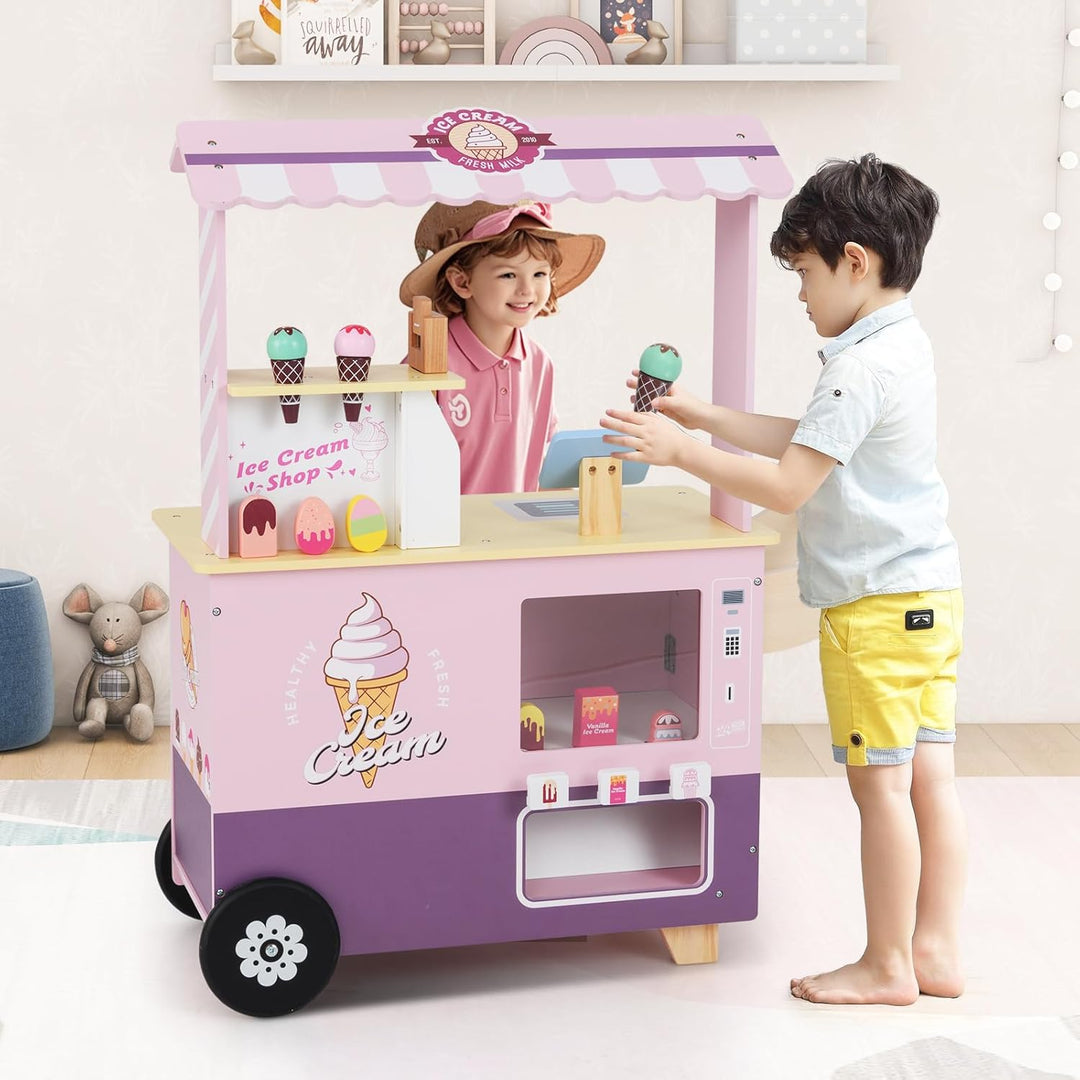 GOPLUS Eiswagen Kinder, Eisstand auf Rädern mit Verkaufsautomat, Eismaschinen-Spielzeug, Präsentatio