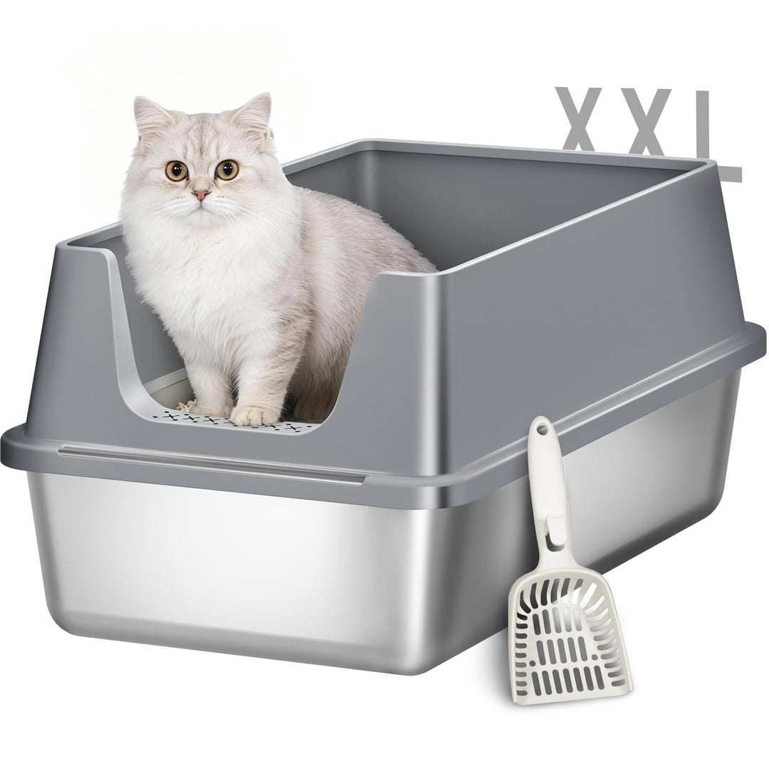 Katzenklo Edelstahl, XXL Metall Katzentoilette Gross, Katzenklo Edelstahl mit Hoher Rand, mit Schauf