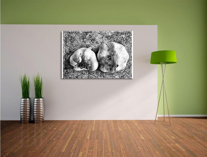Pixxprint Zwei Knoblauchknollen / 100x70cm Leinwandbild bespannt auf Holzrahmen/Wandbild Kunstdruck