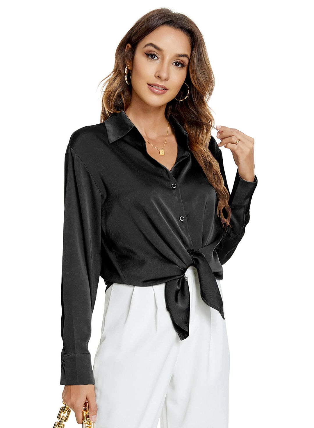 Atnlewhi Damen Bluse Langarm Knöpfen Satin Seide Hemden Basic Kent Kragen Arbeit Büro Formelle Casua