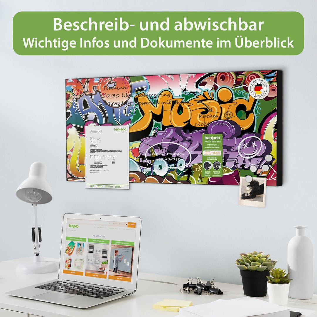 banjado Magnettafel schwarz 78 x 37cm / Magnetwand Metall/Magnetpinnwand als Memoboard/Pinnwand Magn