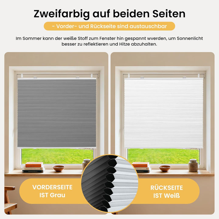 BelleMax Plissee Verdunklung Klemmfix Wabenplissee ohne Bohren Grau-Weiss 75x110cm(BxH), Thermo Verd
