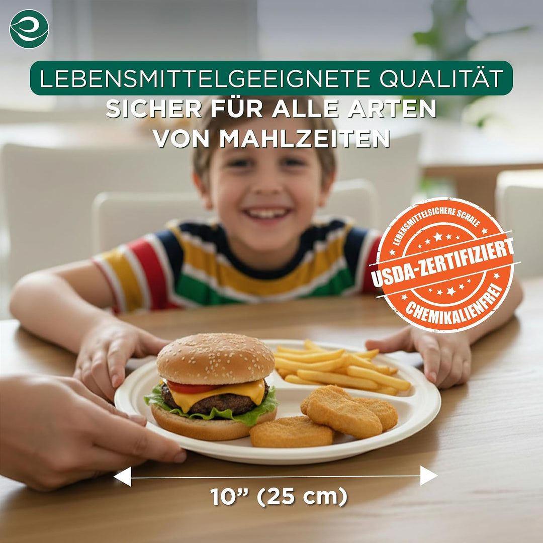 ECO SOUL Pearl White 25cm Runde Bagasse Pappteller mit 3 Fächern (100 Stück), Einweggeschirr und 100
