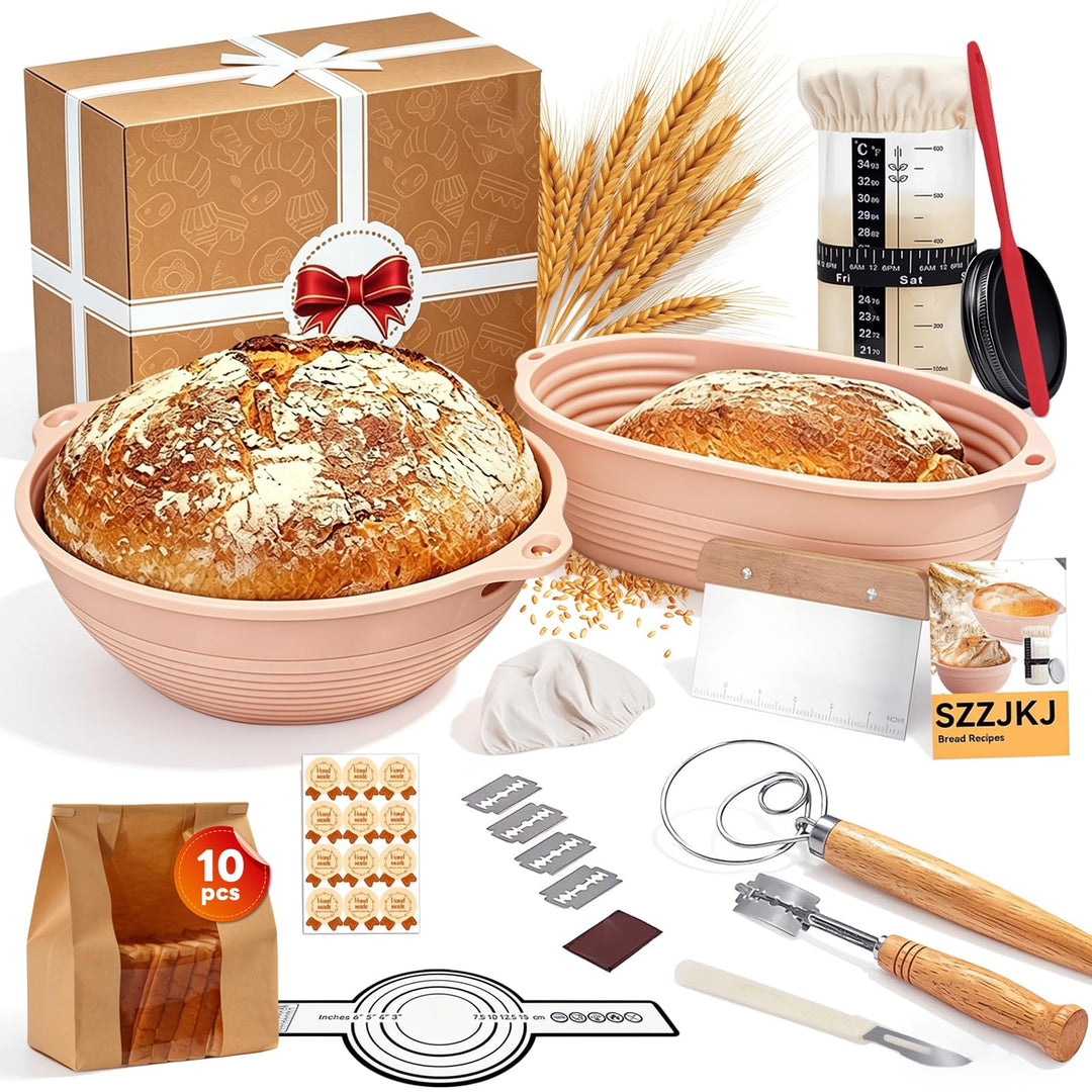 24 Stück Sauerteig Starter Set,Klappbare Brotbackset mit 23cm Rund,25cm Oval Silikon Gärkörbchen,Bro