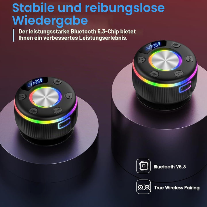 Bluetooth Lautsprecher Dusche, musikbox Bluetooth mit HD Mic, RGB Lichtshow, Zeitangabe, Mini Duschl