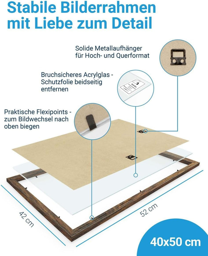 PHOTOLINI Bilderrahmen 40x50 cm MDF-Holz Eiche Dunkel, 3er Set Posterrahmen, bruchsicheres Acrylglas