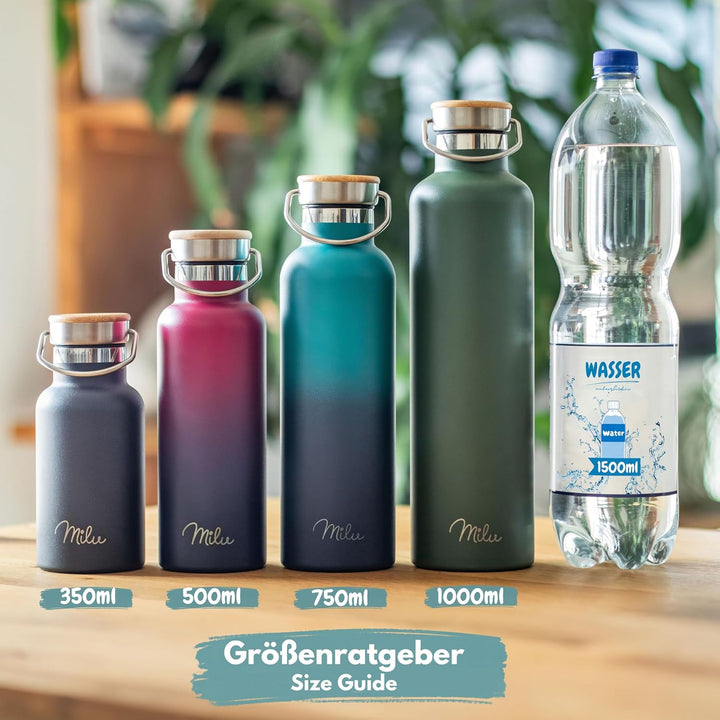 Milu Edelstahl Trinkflasche 350ml 500ml 750ml 1000ml (+3 Deckel) Thermosflasche mit Strohhalm, Isoli