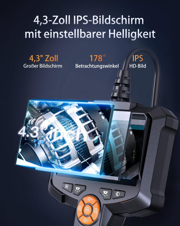 Endoskopkamera mit Licht, AOPICK 4.3" IPS Bildschirm Endoskop mit 10M Halbstarres Kabel, 8mm IP67 wa