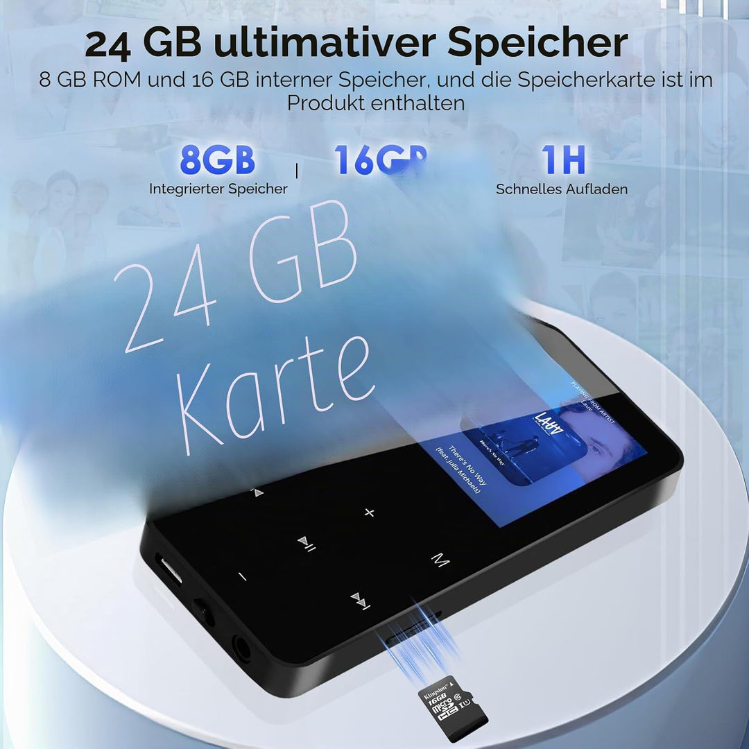 24GB MP3 Player mit Bluetooth, 1,8 Zoll HD Touchscreen, Musikplayer mit HiFi Lautsprechern, FM Radio