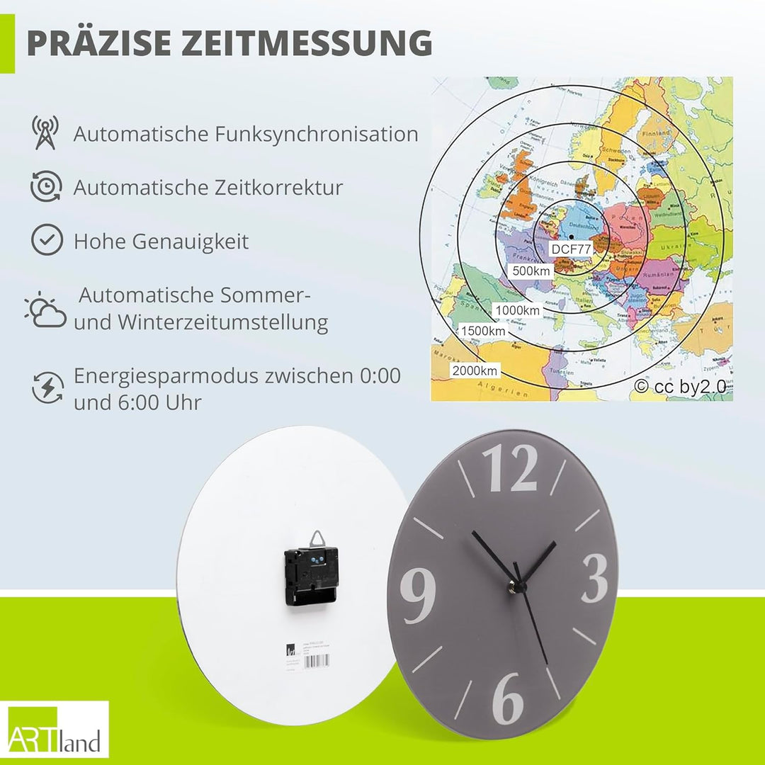 ARTLAND Wanduhr ohne Tickgeräusche Glas Funkuhr Ø 30 cm Rund Lautlos 3 D Steine Steine Funkuhr, Stei