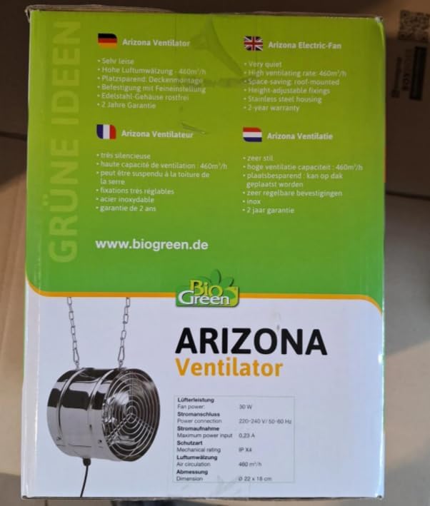 Bio Green Ventilator, 31W, 460 qm/h für Gewächshaus und Wintergarten, IP X4 spritzwassergeschützt, E